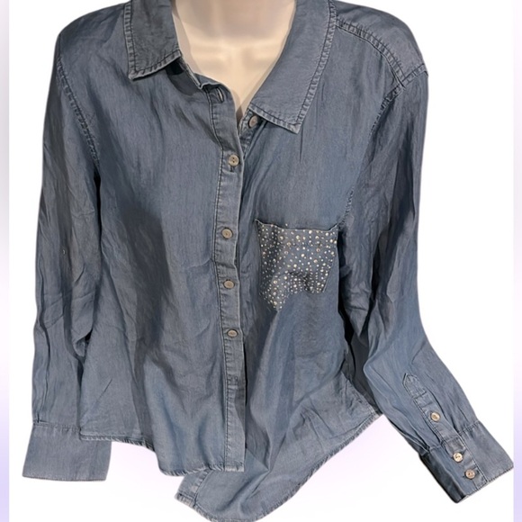 BADGLEY Mischka denim loose fit rhinestone pocket shirt Sz XL - Picture 1 of 11